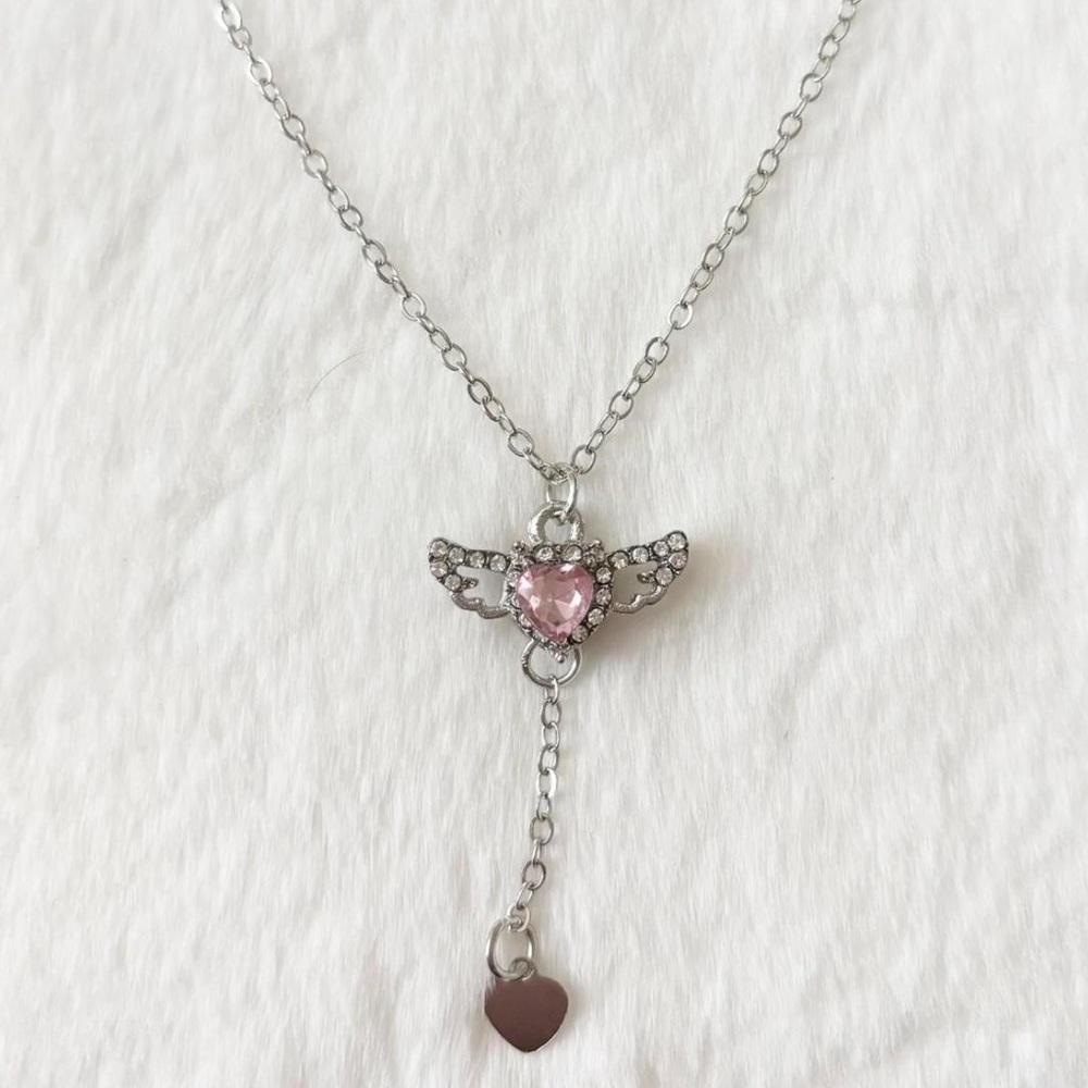 5/$15 🩷 MUST BUNDLE Silver Tone Pink Heart Wing Rhinestone Drop Necklace - Picture 2 of 7